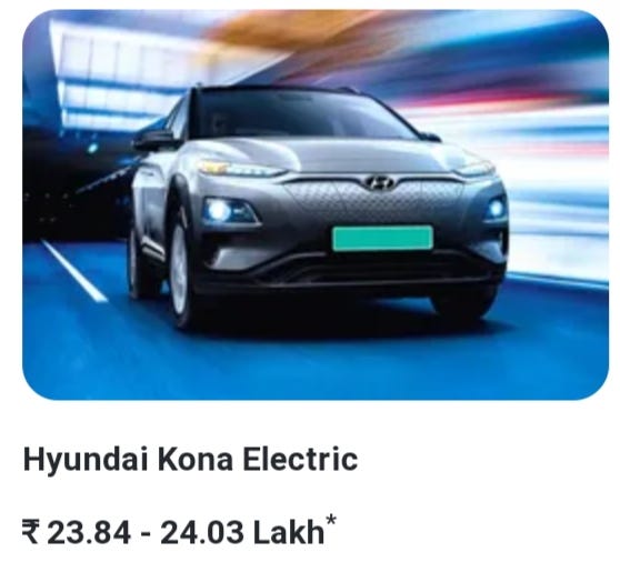 Top 10 electric cars in India . Hyundai Kona Electric Price Starting