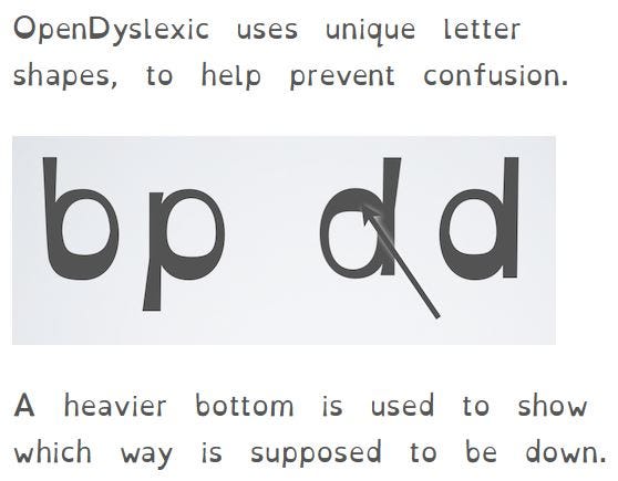 Text in the OpenDyslexic font that reads: “OpenDyslexic uses unique letter shapes, to help prevent confusion. A heavier bottom is used to show which way is supposed to be down.”