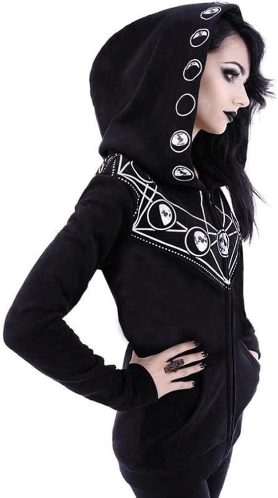 Women Gothic Zip Up Oversized Moon Hoodie Sweatshirt Long Sleeve Coat ...