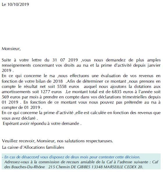 (le courrier de réponse de la CAF… Notez la date du courrier censé me répondre… Plus de 2 mois plus tard donc… Et notez le respect de la langue française “vous nous pouvez pas prétendre à compter de”… oui, bon, ok, je pinaille…)