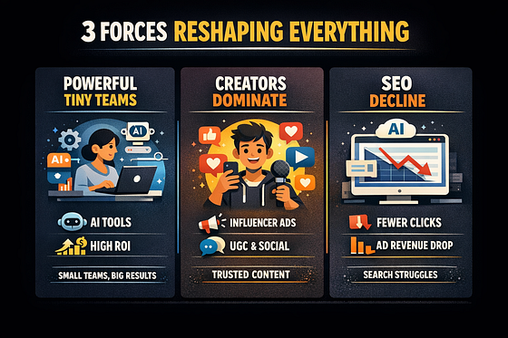 Three forces are rewriting the rules in 2026: tiny AI teams, creator-led growth, and the slow collapse of SEO-only strategies.