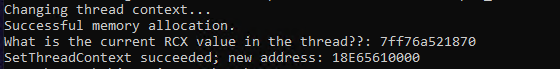 RCX in the main thread points to AddressOfEntryPoint + ImageBaseAddress.