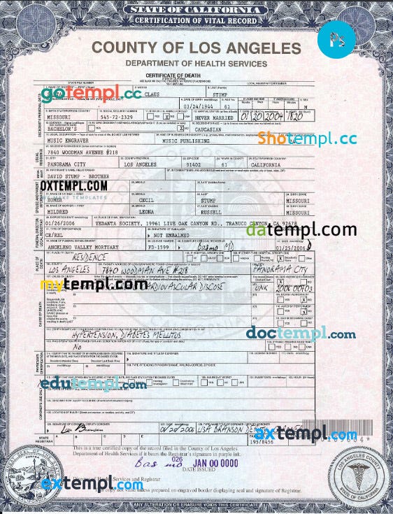Usa california death certificate template in psd format by doctempl