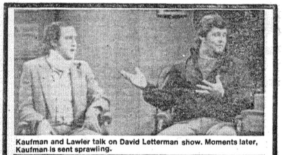 A newspaper clipping about the Kaufman-Lawler altercation on “Late Night with David Letterman” in July 1982.