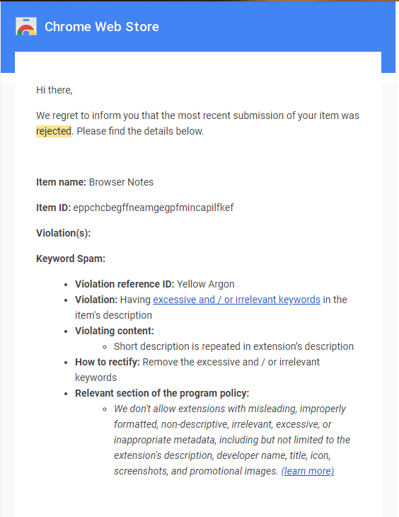 after 6 steps in publishing chrome extension in chrome webstore, rejected mail due to keyword spam issue