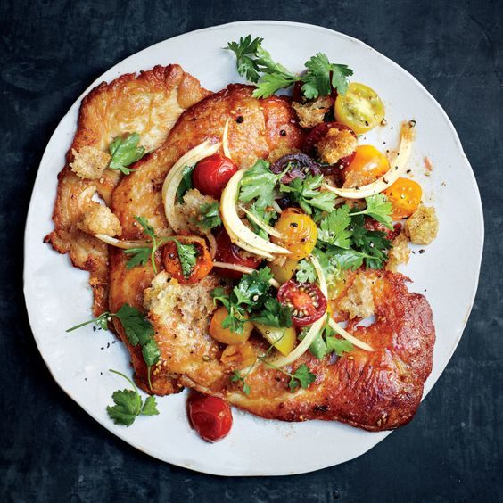 Crispy Chicken Cutlets with Cherry Tomato Panzanella (via http