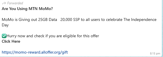 Claim of MTN MoMo giving out 25GB data and 20,000 SSP for Independence Day