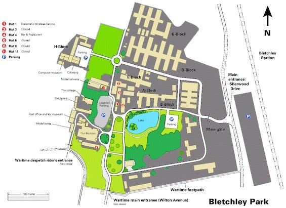 Bletchley Park is a sprawling campus that housed nearly 7,500 staff as the Normandy Invasion approached. You can easily spend an entire day wandering the grounds yet fail to visit all the exhibits in the many “huts.” Image: Wikimedia Commons