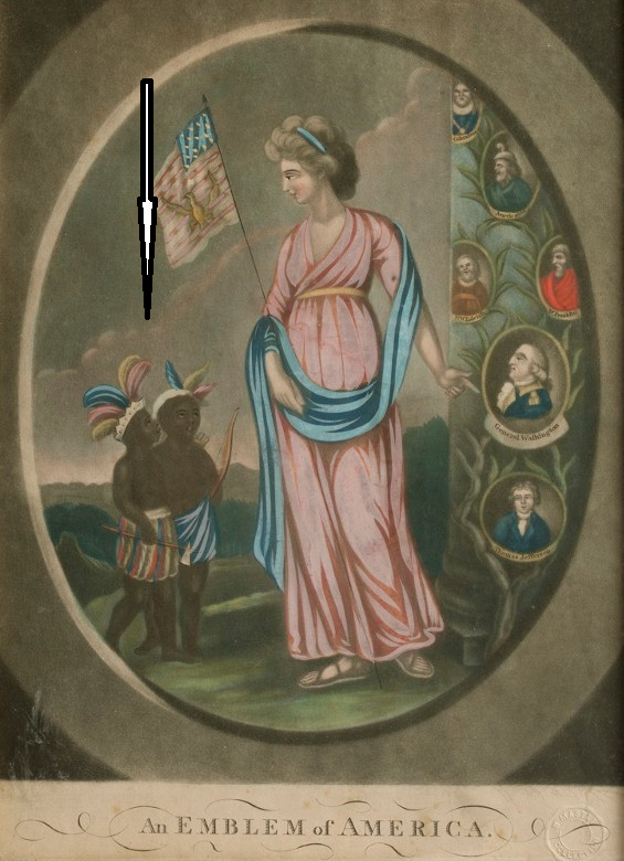 “An Emblem of America,” mezzotint by an Anonymous artist published in London by John Fairburn in 1798. The work depicts Columbia (a personification of the United States) standing beside a monument honoring American leaders like George Washington and Benjamin Franklin, while looking toward two children that represent the diverse or indigenous populations of the “New World.” Public domain.