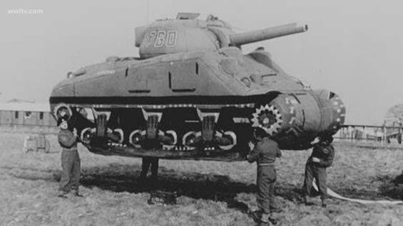 One of the inflatable tanks used in Operation Fortitude South to convince the Germans that the mythical First United States Army Group would lead the invasion of France on the Pas de Calais. Image: Warfare History Network