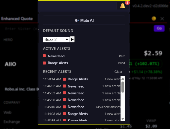 Screenshot: Global Alerts Manager showing active alert configs for two widgets, plus the recent-alerts log.