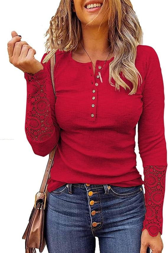 Elegance Unveiled: Women's Long Sleeve Lace V Neck Henley Tops