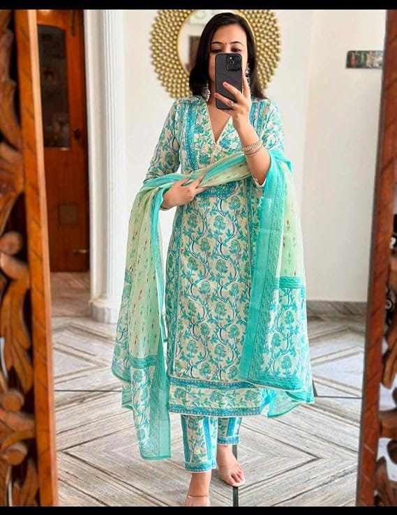 TRENDING ERA Women’s Cotton Floral Printed AnAZrkali Kurti with Pant & Dupatta Set