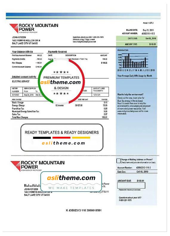 USA Utah Rocky Mountain Power electricity utility bill template in Word ...