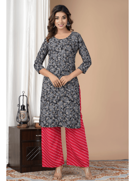 Jahida Premium Black Printed Cotton Kurta Pant Set For Women by