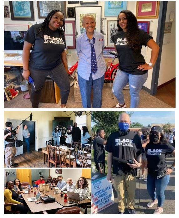 A collage of Black in Appalachia Podcast hosts, crew and special guest Nikki Giovanni.