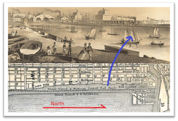 Harita 4.1.3: Lake Park’ı ve Illinois Central Raylarının Arkasındaki Lagünü Gösteren Kılavuz Haritası (1868) Kaynak: Lyle.(2014).History of Grant Park, 1830–1871.https://www.chipublib.org/blogs/post/history-of grant-park-1830–1871/
