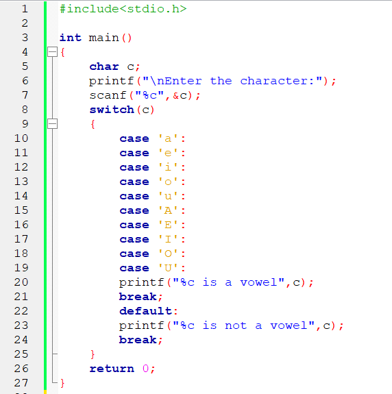 Write a C program to find the given character is vowels or not using switch  case. - Sivanathan Dilakshan - Medium
