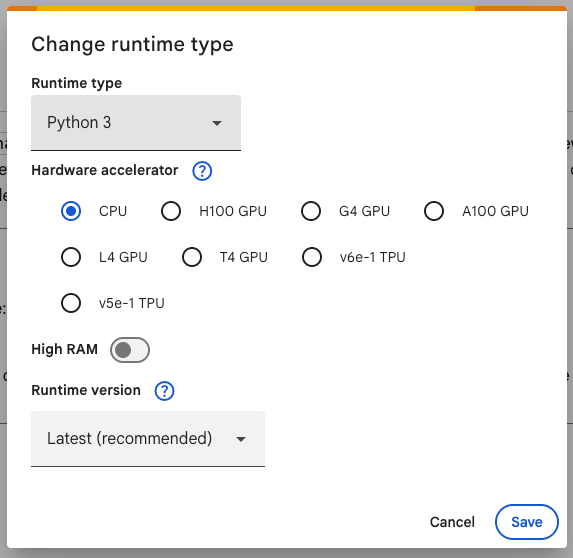 Google Colab Runtime Options