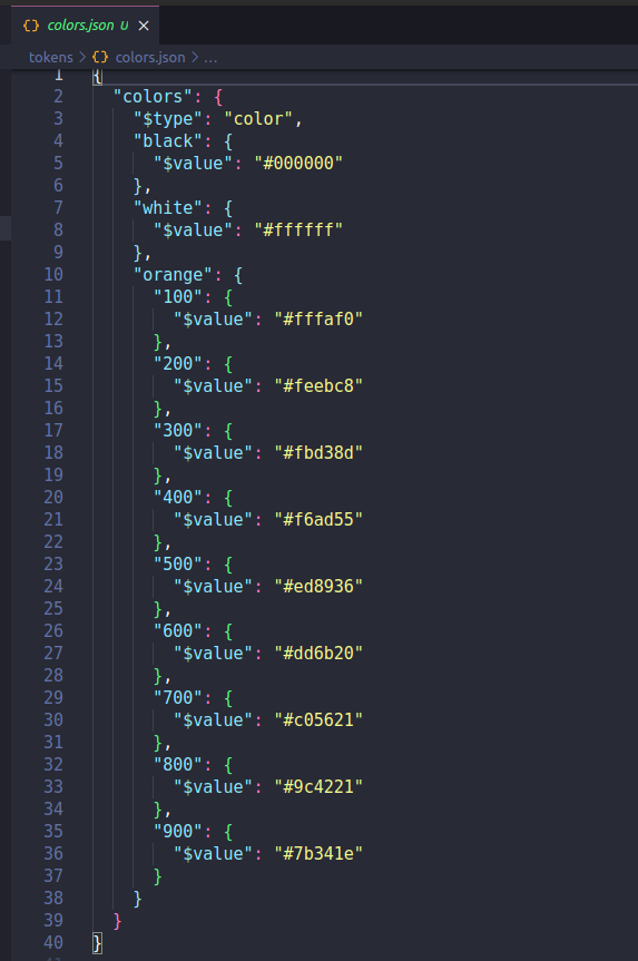 The default tokens for colors