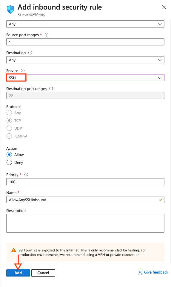 Include SSH as an Inbound security rule