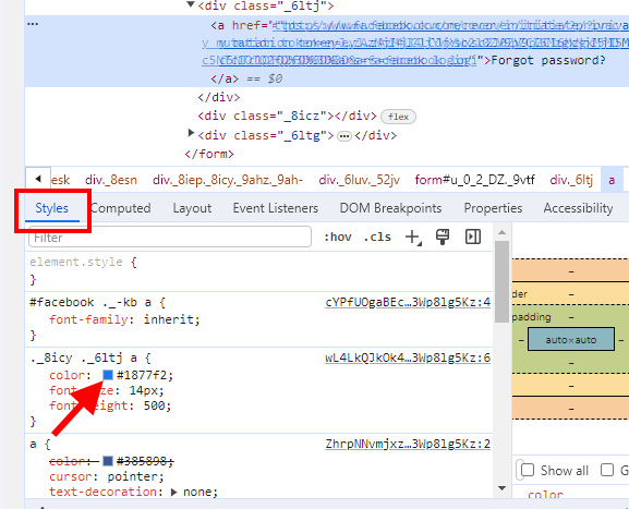 Screenshot of Chrome Developer Tools with the “Styles” tab selected and highlighted. An arrow is pointing to the “color” style.