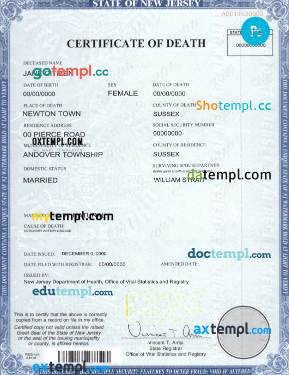USA state New Jersey death certificate example in PSD format fully