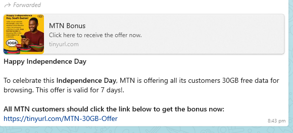WhatsApp message claiming that MTN is offering 30GB free data for Independence Day