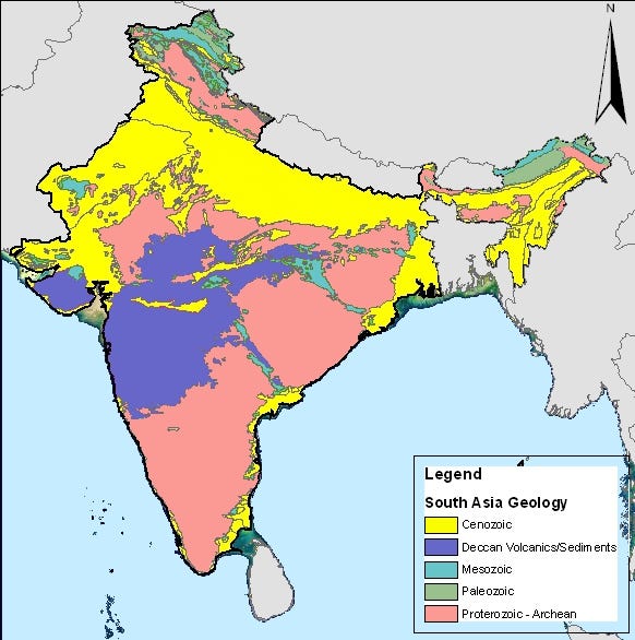 Geological zones of India, highlighting the Deccan Traps, one of the largest volcanic provinces on Earth, formed by massive flood basalt eruptions at the end of the Cretaceous (~66 million years ago) and often discussed in relation to the environmental changes surrounding the Cretaceous–Paleogene transition. Image by CamArchGrad, released into the public domain via Wikimedia Commons.