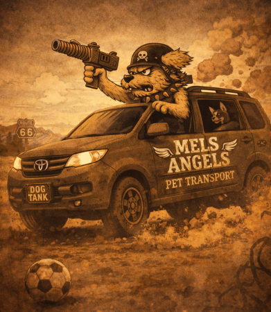 Sepia illustration of a Toyota Avanza labeled “Mel’s Angels Pet Transport” with a fierce cartoon dog driving, symbolizing the origin of the Dog Tank cross-border pet transport vehicle between Mexico and the United States.