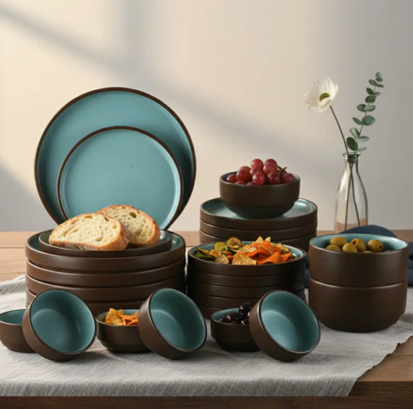 Premium Ceramic Dinner Set — 20 Piece Brown & Turquoise Elegant Tableware Set