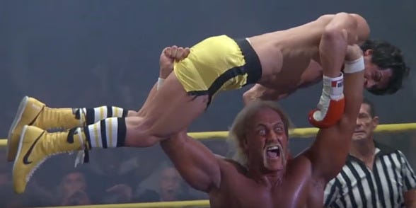 Hulk Hogan as “Thunderlips” vs. Rocky Balboa (Sylvester Stallone) in 1982’s ROCKY III. Courtesy of MGM/UA.