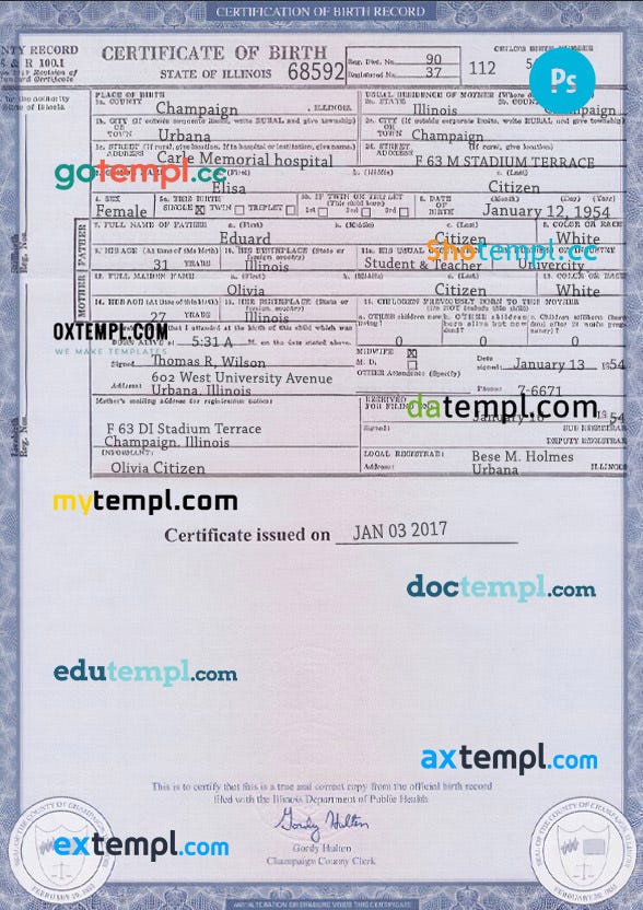 USA Illinois state birth certificate example in PSD format, fully