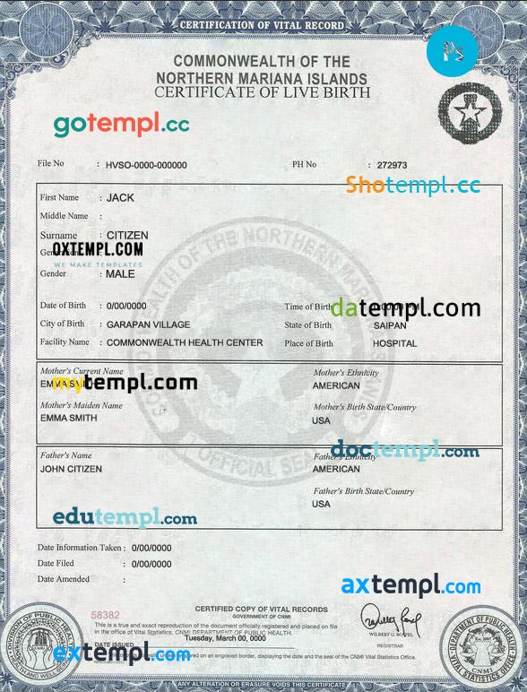 USA Northern Mariana Islands birth certificate example in PSD format