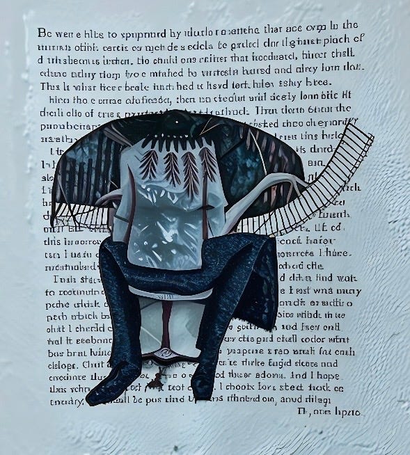 Paper Collage (mixing image and text): “He was a man consumed…”