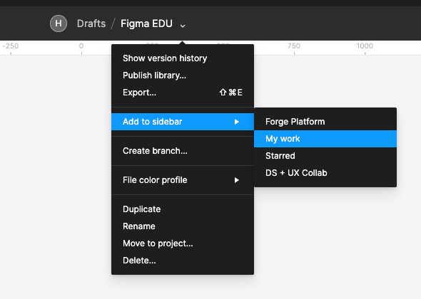 Displays the Figma toolbar in an individual file and highlights where to click to add that file to a section in the sidebar