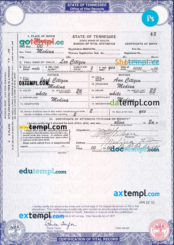 USA Tennessee state birth certificate example in PSD format, fully