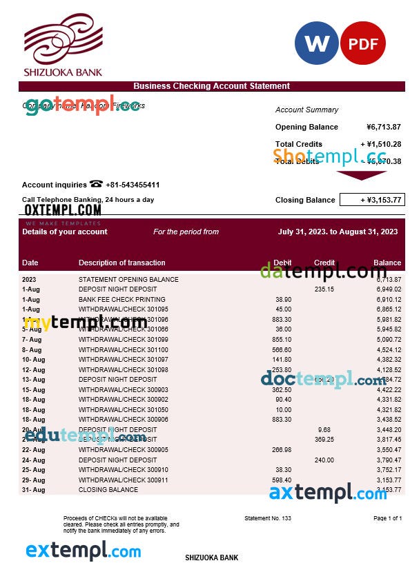 Shizuoka Shizuokaorganization checking account statement Word and PDF template download template