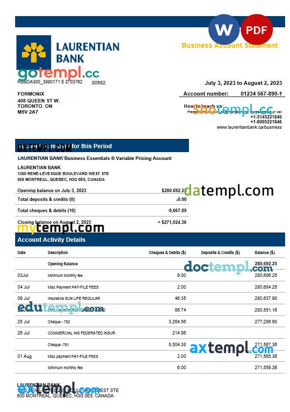 Laurentian Bank enterprise account statement Word and PDF template ...