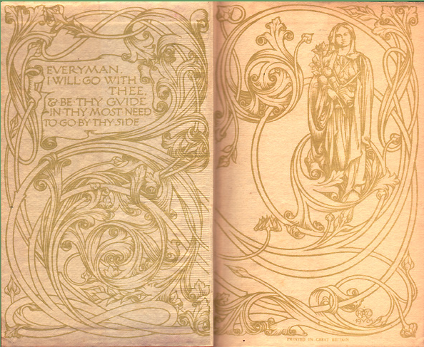 Endpapers from a 1906 volume in Everyman’s Library. The art, signed by “RLK,” is based on the work of William Morris and the Kelmscott Press.