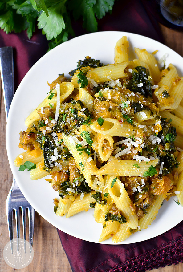 Gluten-Free Penne with Kale, Butternut Squash and Sausage