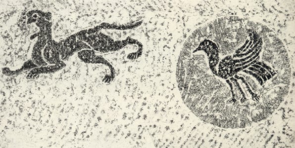 Rough image of what looks like a panther on the left, and a bird with 3 legs inside a circle on the right.