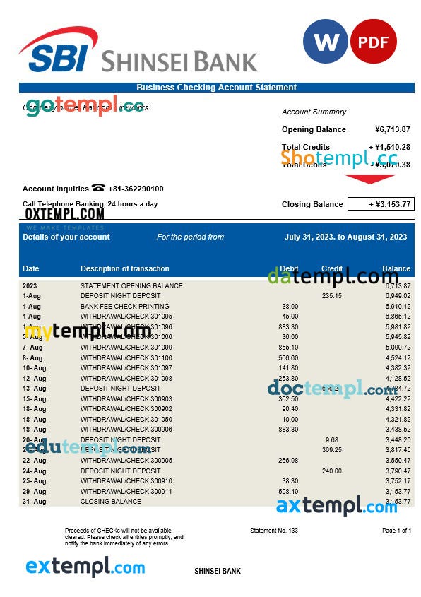 Shinsei Bank business statement Word and PDF template download template