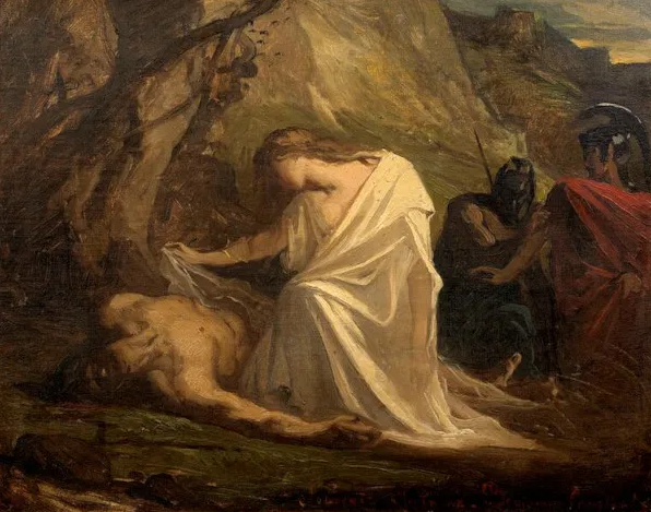 Antigone au chevet de Polynice (Antígona ao lado do corpo de Polínice) de Jean-Joseph Benjamin-Constant, em 1868 (Na pintura Antígona executa o rito funerário que Creonte tenta impedir)