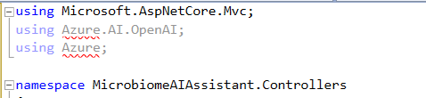 Using statements for the Azure OpenAI dependencies in the code snippet