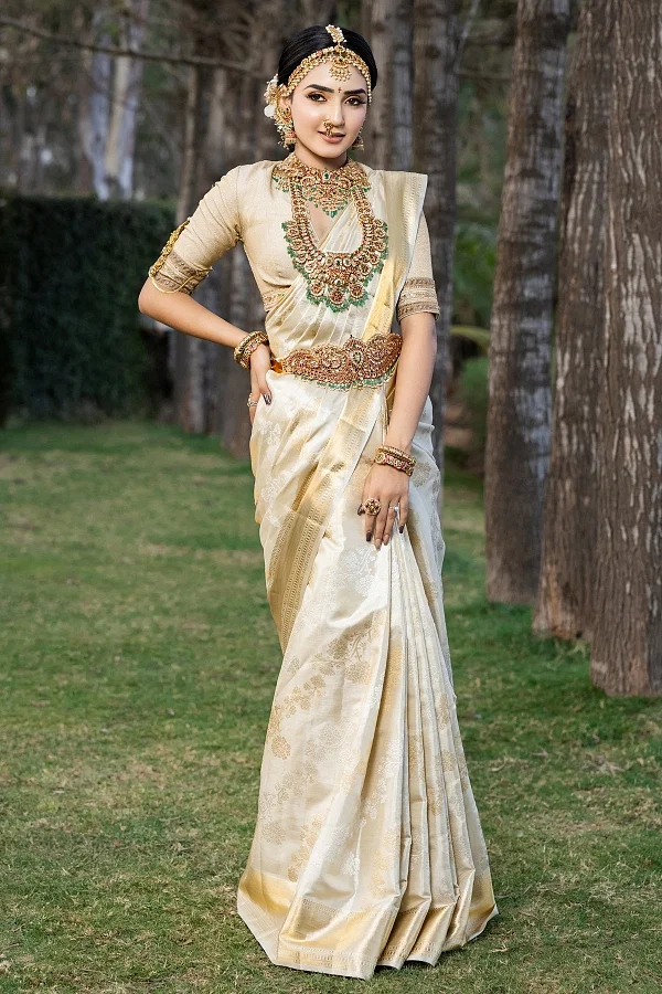 Gold & Silver Dual Tone Zari Woven Kanchipuram Tissue Pure Zari Saree With Unstitched Blouse