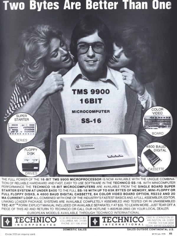 A vintage ad for a microprocessor shows a man holding the square device with two women holding on to his shoulders.