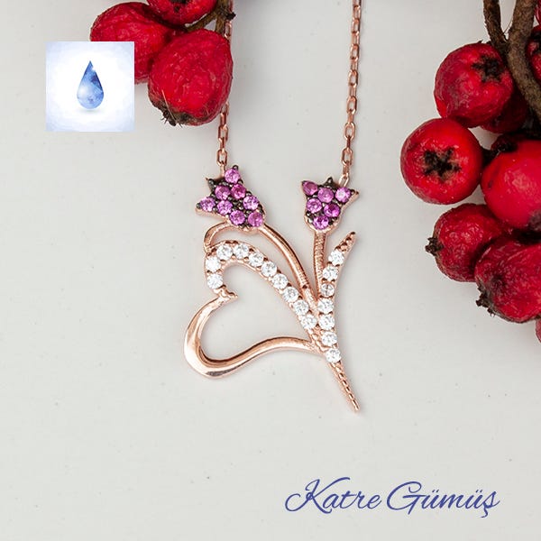 Rose Zirkon Taşlı Kalpli Lale Kolye