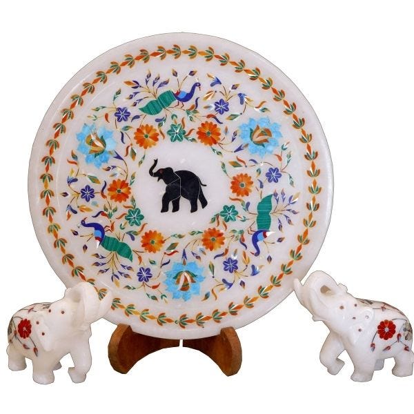 Marble Decorative Plate Traditional Indian Handpainted Round Shape Showpiece Pottery Plate With Stand For Decoration Home Office D Cor And Gifting  Rajasthani Lady With Peacock
