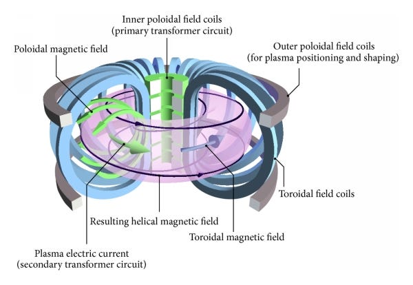 Tokamak schematic. Credit: By R.A. Pitts, R.J. Buttery, S.D. Pinches — R.A. Pitts, R.J. Buttery, S.D. Pinches, Fusion: the way ahead, Physics World 19 (2006) 20, CC BY 4.0